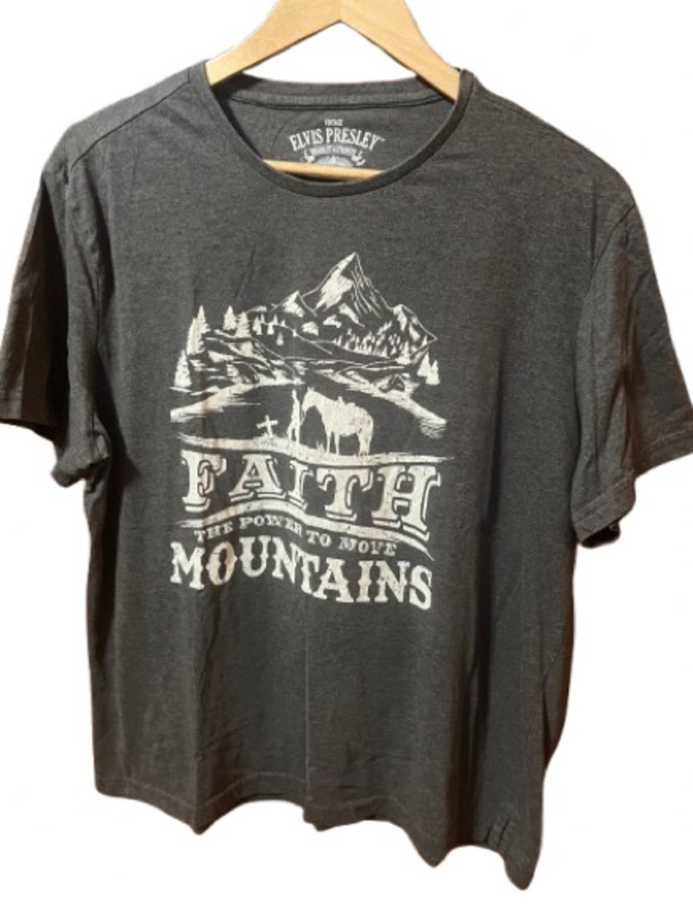Vintage Elvis Presley Charcoal 'Faith Moves Mountains' Graphic T-Shirt Size XL